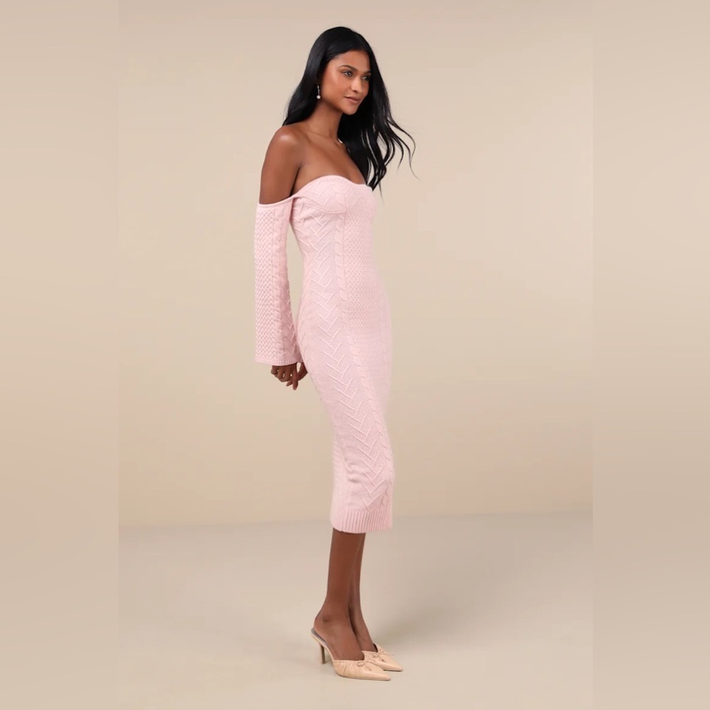 Lulus Cuddly Element Light Pink Cable Knit Off-the-shoulder Midi Dress - Size M - Picture 2 of 5